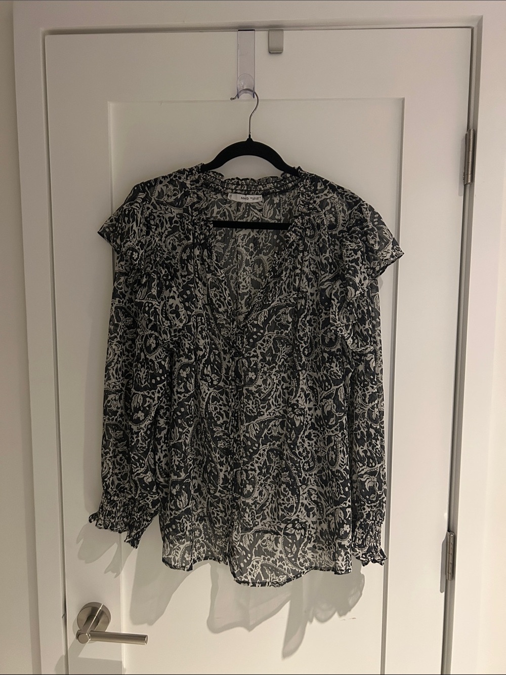 Mango Black and White Paisley V-Neck Blouse